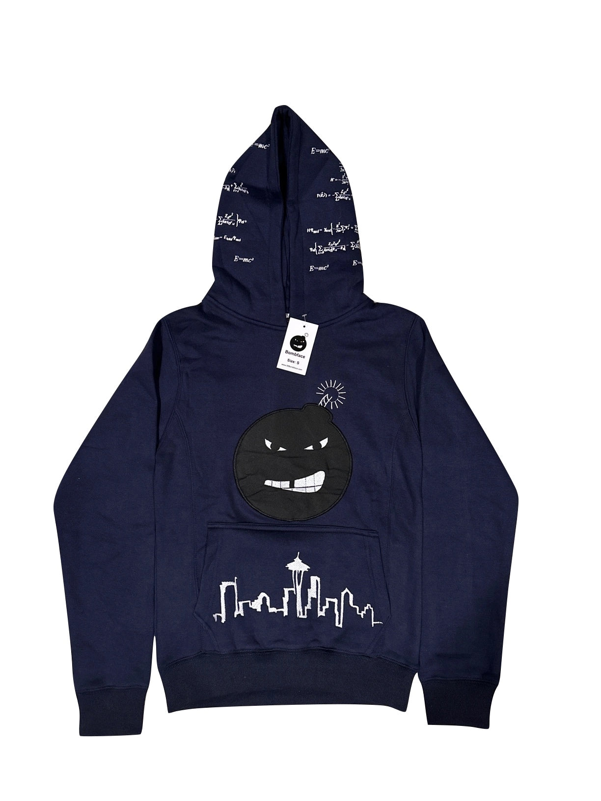 Navy Blue hoodie with embroidery stitch on the head of the hoodie and on the pocket of the hoodie. The font has the logo on the hoodie and the embroidery patch on the back with the name of the brand on the back.