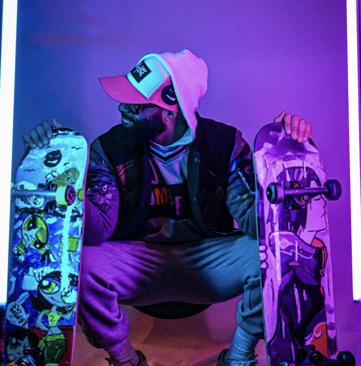 This image consist of a custom skateboard, basketball shorts, custom bombface shoes, custom skateboard, hoodie soaks to show the different things that come in the collection. This image is showing the collection combination ability. 