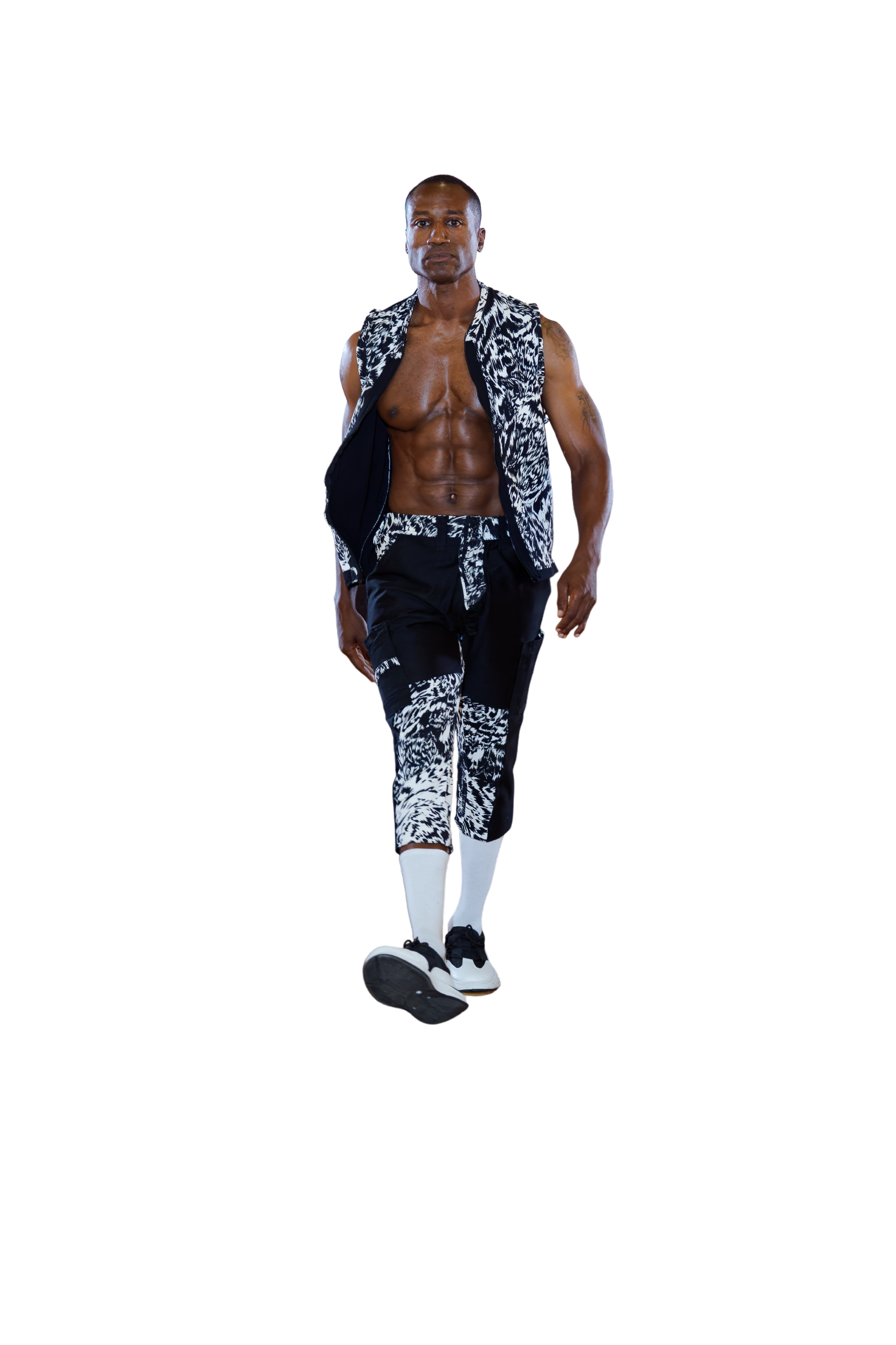 Custom Black & White Balenciaga Fabric 2 Piece Vest, Capri Pant