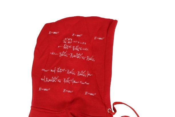 This is a red hoodie with the Oppenheimer  equation and the relativity of theory embroidered into the hoodie. The logo on the front of the hoodie is the brands logo BobFace. This is a streetwear brand that sell quality hoodies and quality sweatshirts for Unisex and all. 