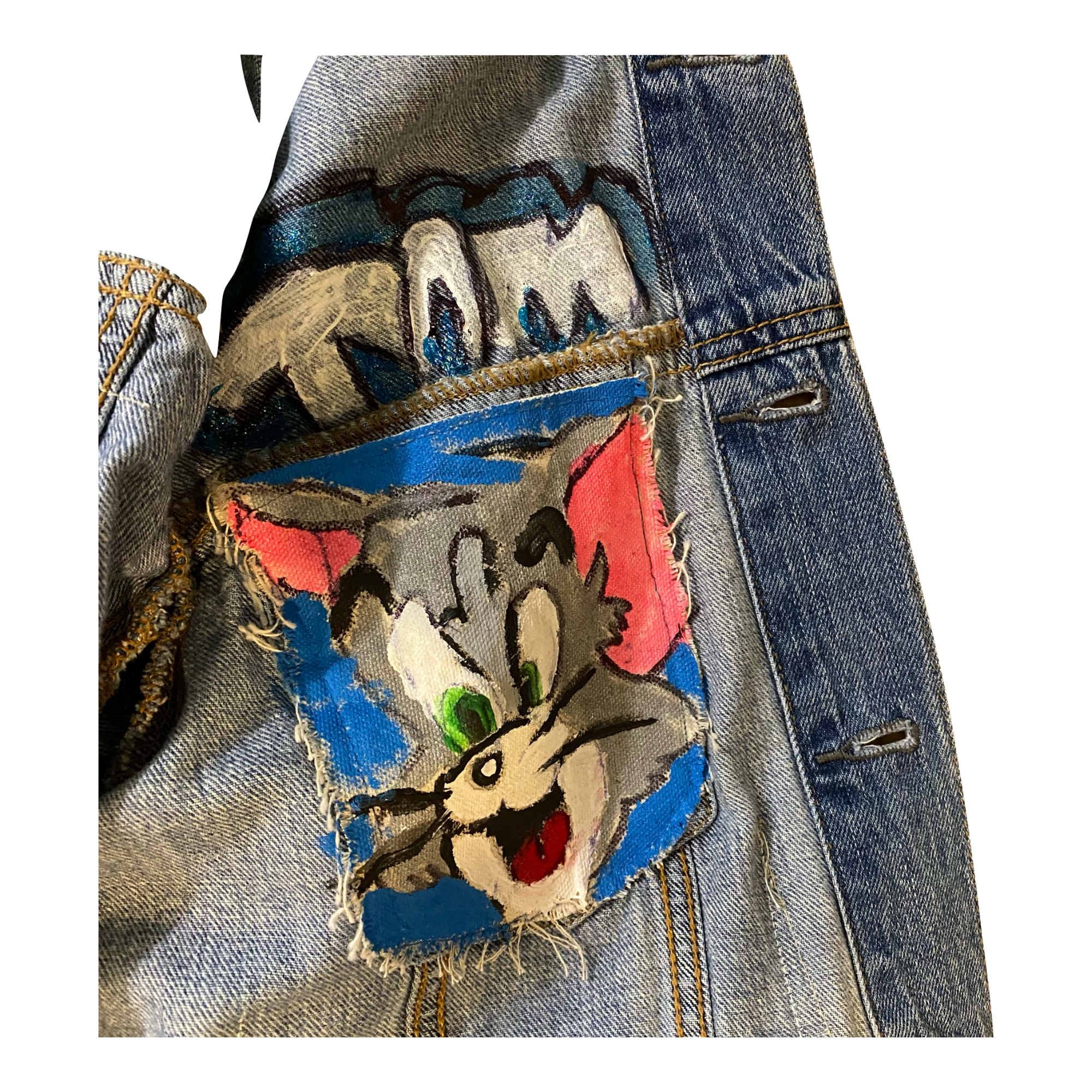 oversized handmade jean jacket with mountains custom painted