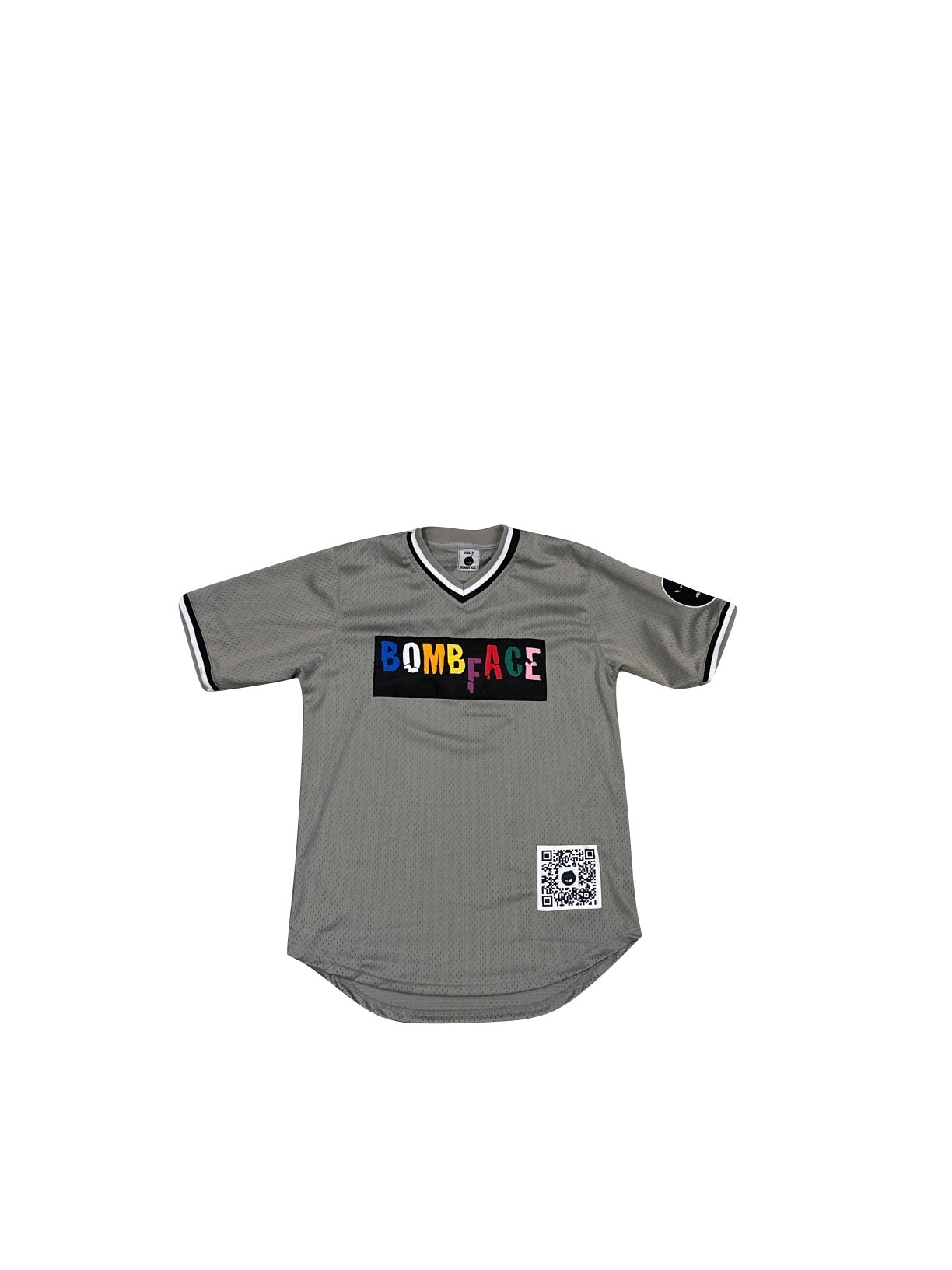 Gray baseball jersey, heavy cotton baseball jersey. v-neck baseball jersey, BombFace baseball jersey with colorful embroidered patch. Grey baseball jersey.