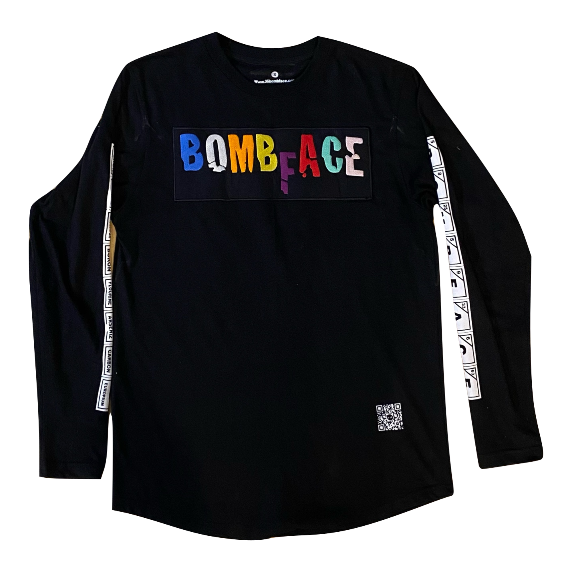Black longsleeve t-shrit, BombFace Chemistry. Embroidery patch on the shirt, and screen printed bombface in chemistry formula on the side of the shirt. The patch on the from of the shirt is multi-color. heavy cotton t-shirt. 
